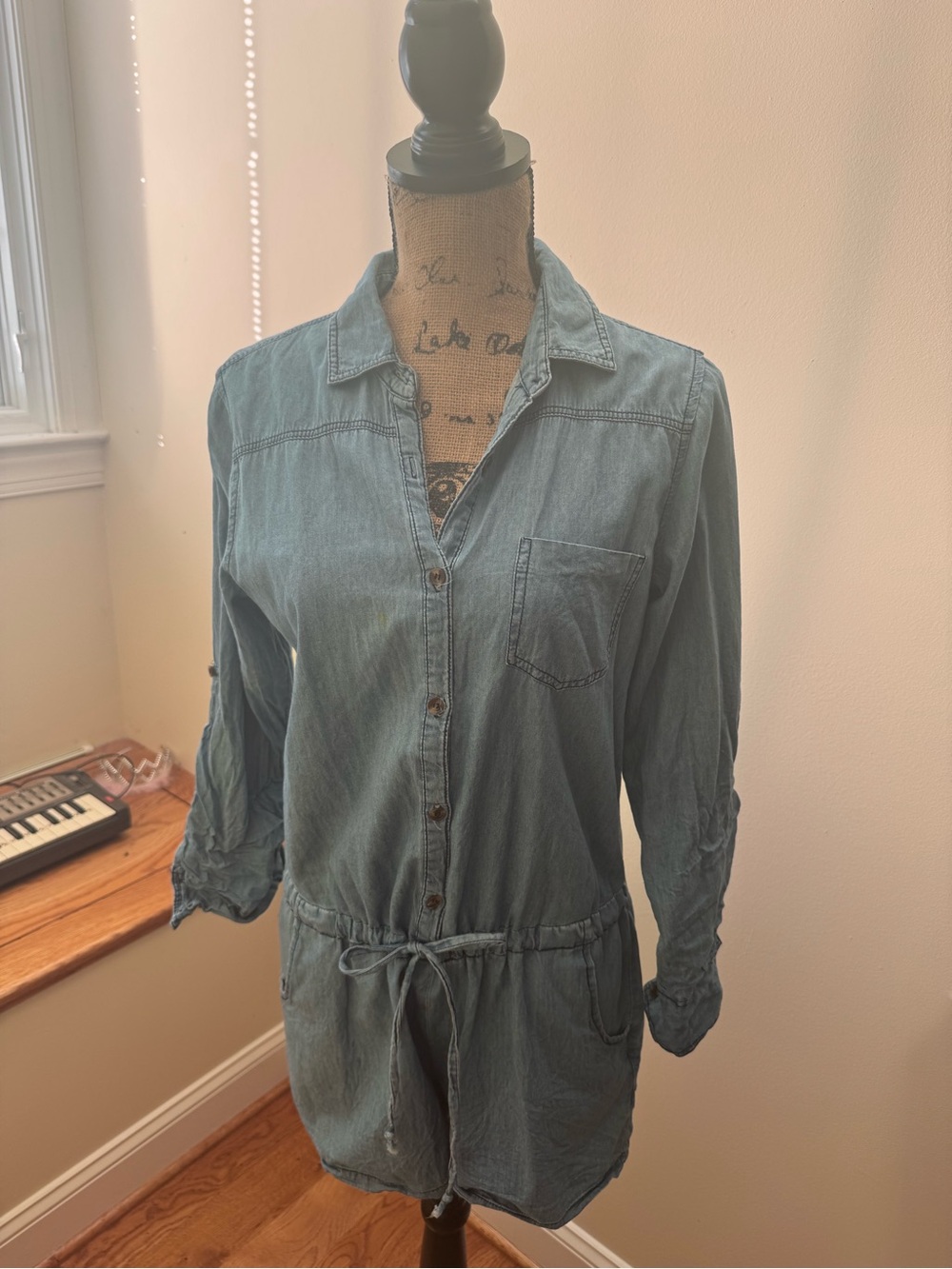 Noble U Light Blue Denim Romper with Drawstring Waist